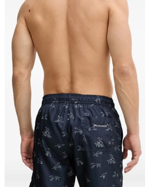 Trussardi Blue Greyhound-Print Drawstring Swim Shorts for men