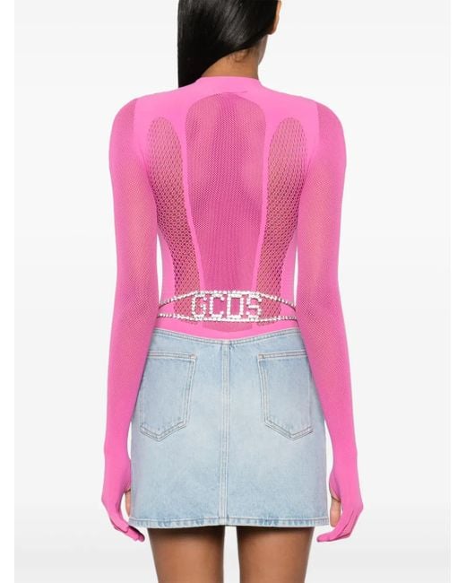 Gcds Pink Panelled-Mesh Bodysuit