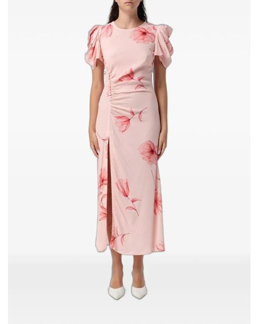 Mar De Margaritas Pink Midi Kristel Floral-Print Ruched Dress