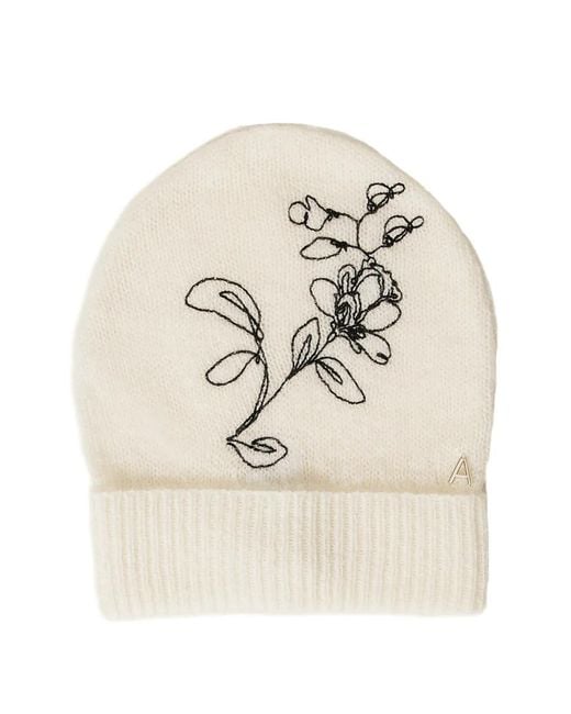 Twinset Natural Knitted Beanie With Floral Embroidery