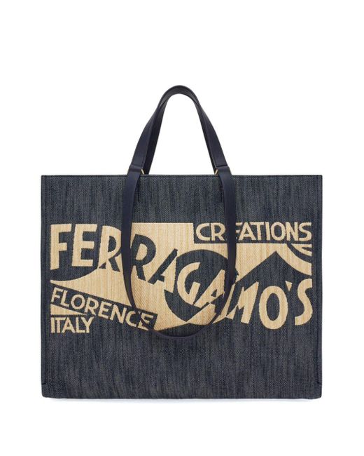 Ferragamo Black Large Venna Logo-embroidered Tote Bag