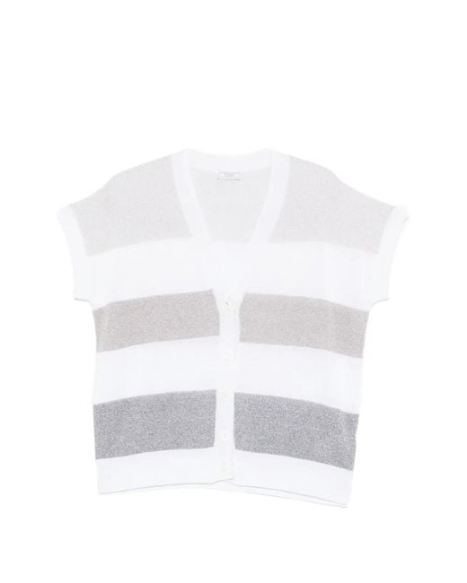 Peserico White Cardigan Rayé À Manches Courtes