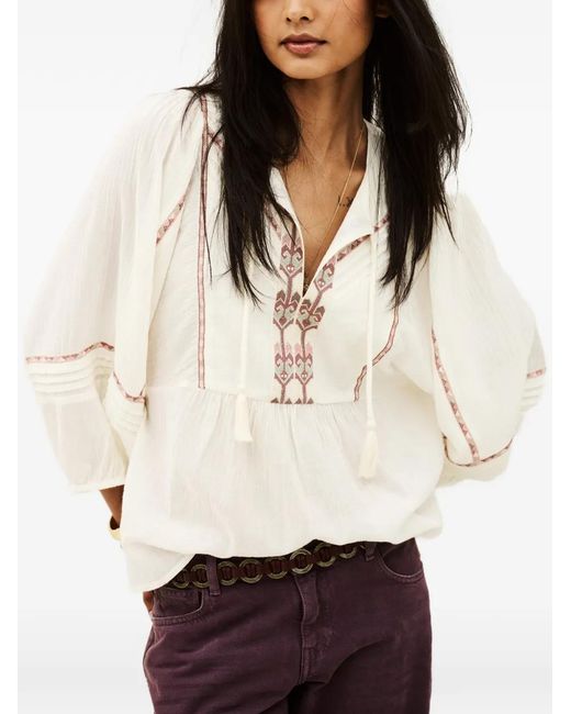 Ba&sh White Poeme Embroidered Tassel-Detail Blouse