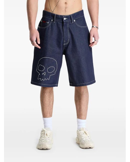 Pleasures Blue Skull-Embroidered Denim Shorts