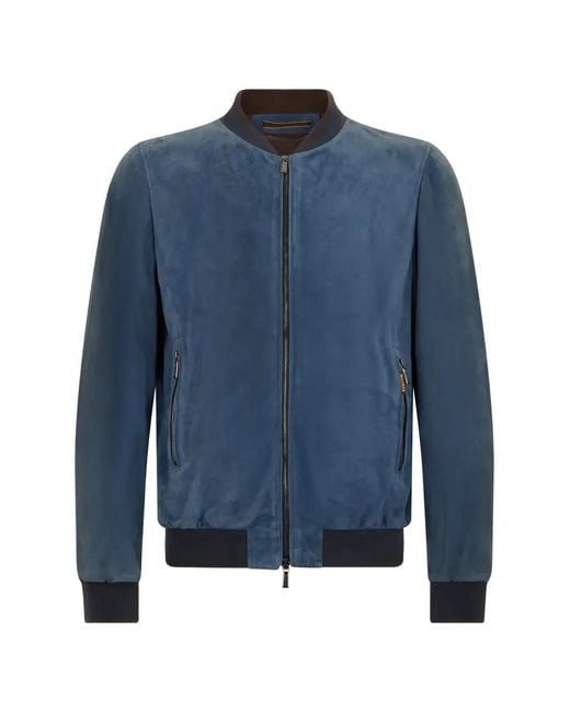 Moorer Blue Zip Ribbed Leather Jacket for men
