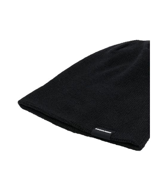 DSquared² Black Logo-Tag Wool Beanie for men
