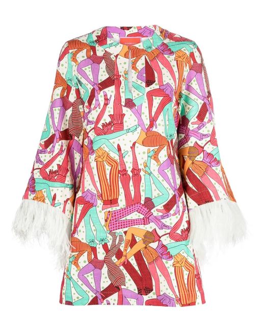 LaDoubleJ Red Feather-Trim Printed Cotton Dress