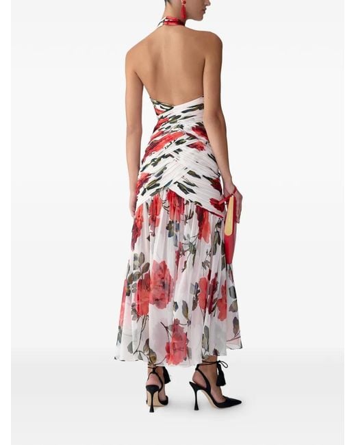 Carolina Herrera White Rose-Print Chiffon Midi Dress