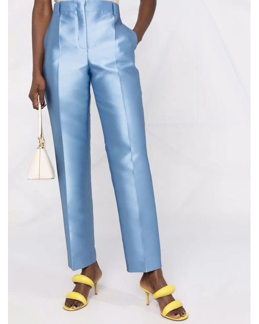 Alberta Ferretti Blue Satin Finish Straight-Leg Trousers