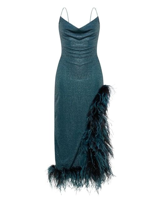 Oseree Green Lumière Plumage Cowl-Neck Asymmetric Dress