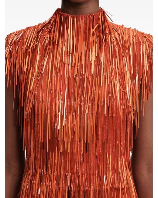 Gemy Maalouf Orange Fringe-Detail High-Neck Top