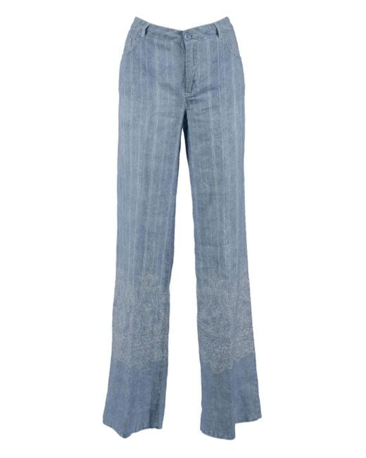 Ermanno Scervino Blue Wide-Leg Linen Pants With Floral Hem Embroidery