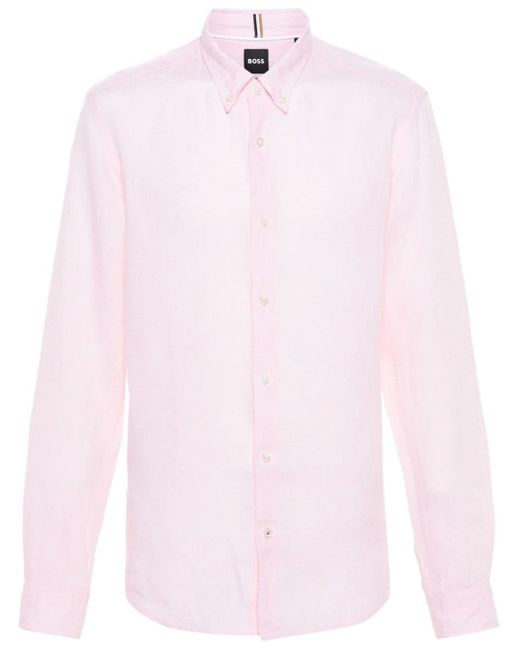 Boss Leinenhemd mit Slub-Struktur in Pink für Herren