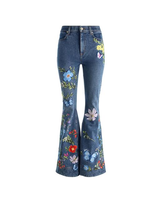 Alice + Olivia Blue Embroidered Butterfly-Motif Jeans