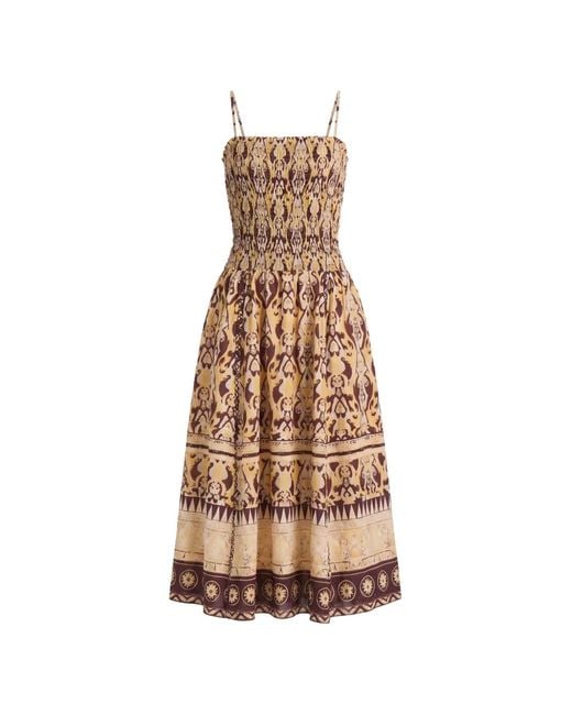 Maria Cher Natural Abstract-Print Smocked Midi Dress