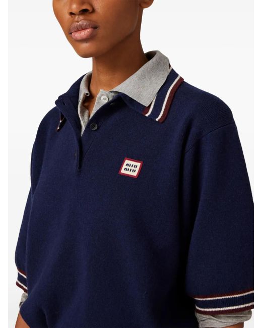 Maglione Stile Polo Con Applicazione Logo di Miu Miu in Blue
