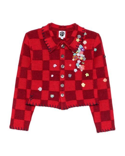 YANYAN KNITS Red Shrunken-Work Cardigan