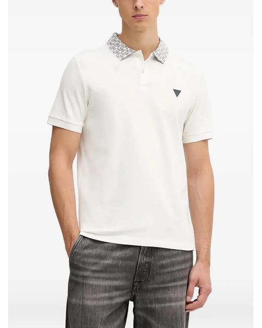 Guess White Patterned Collar Logo Polo Shirt for men