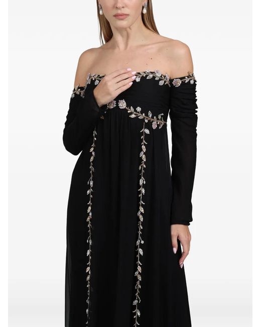 Dina Melwani Black Embellished Off-Shoulder Gown Maxi Dress