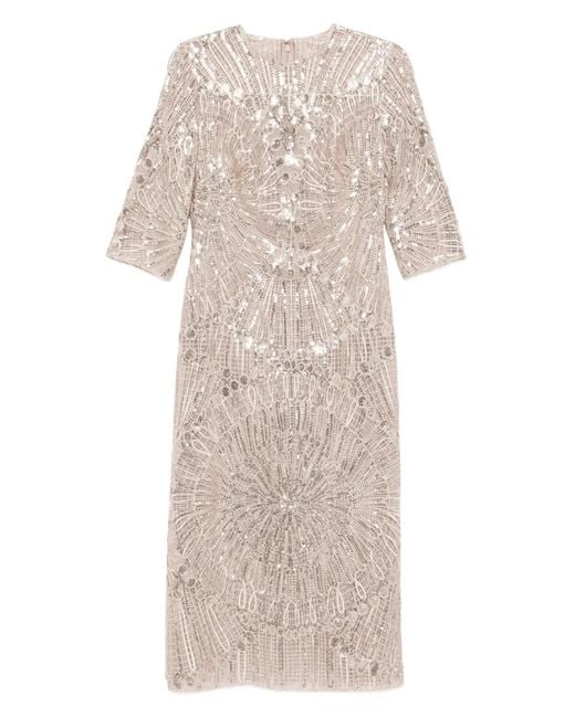 Elie Saab Natural Embroidered Midi Dress