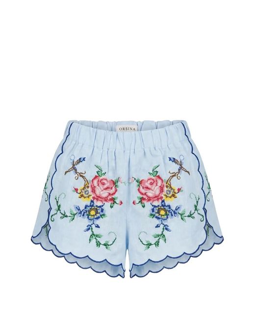ORSINA Blue New Roses Floral-Embroidered Scalloped Shorts