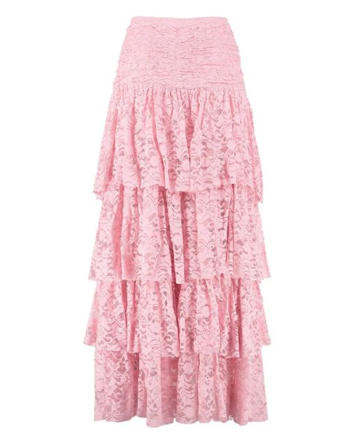 LoveShackFancy Pink Marsala Tiered Lace Maxi Skirt