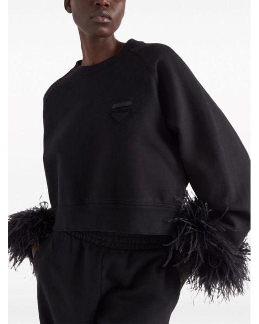 Prada Black Feather-trim Cotton Sweatshirt