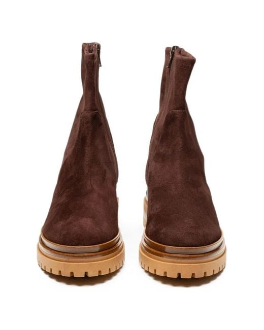 Poche Paris Brown Suede Chunky-Sole Ankle Boots
