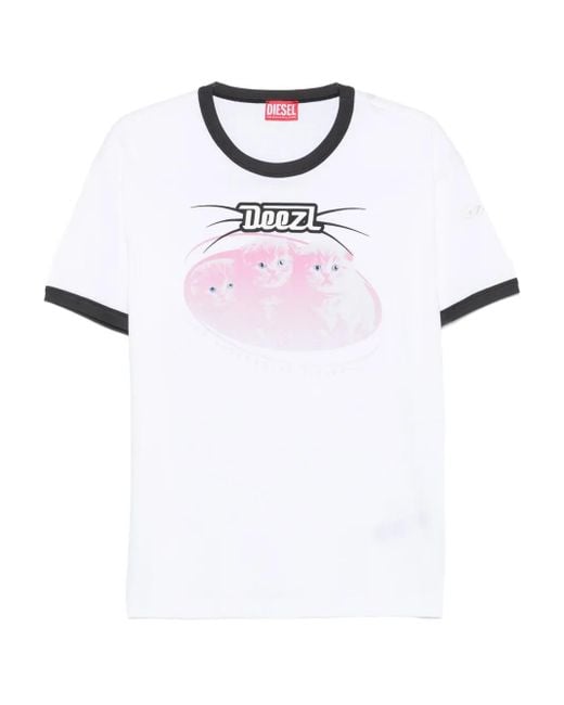 DIESEL White Cat-Graphic Cotton T-Shirt