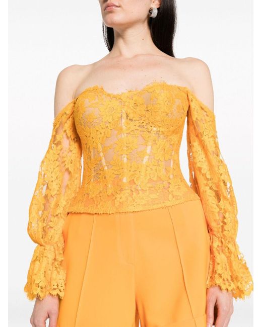 Gemy Maalouf Orange Floral-lace Off-shoulder Blouse