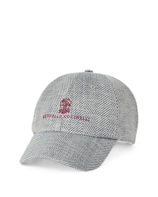 Brunello Cucinelli Gray Alpaca, Wool And Silk Chevron Baseball Cap With Embroidered-Logo for men