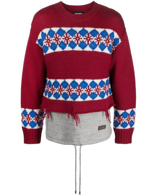 DSquared² Red Distressed-Finish Wool Jumper for men