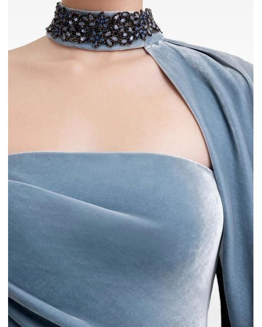 Gemy Maalouf Blue Beaded-Collar Draped Dress