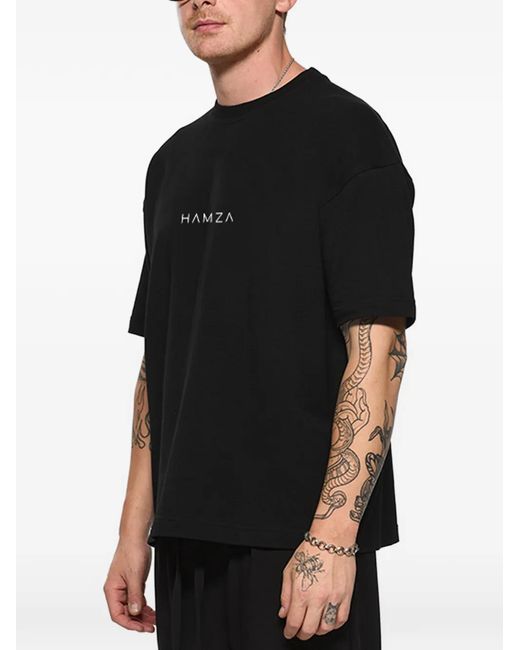 Hamza Black Aky Slogan-Print Cotton T-Shirt for men