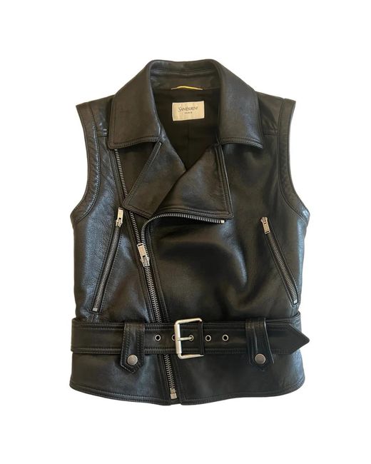 Saint Laurent Green Belted Sleeveless Leather Jacket