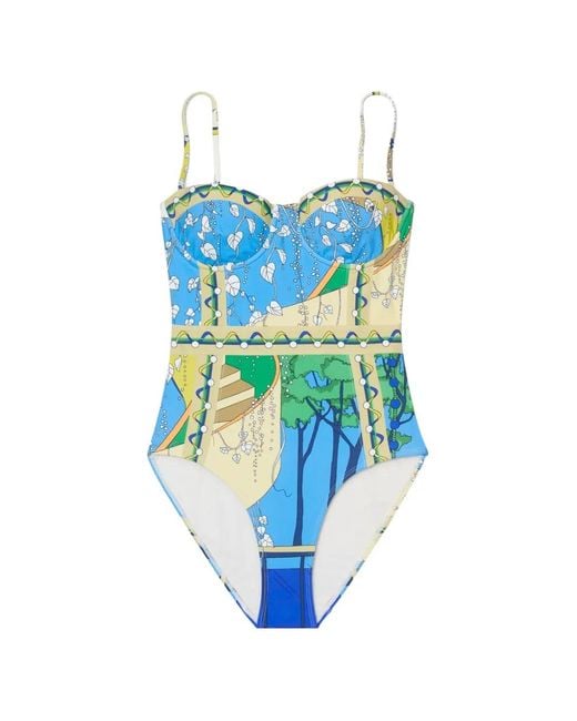 Tory Burch Blue Graphic-Print Underwired Swimsuit