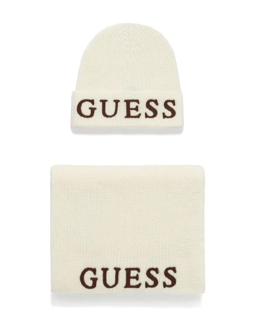 Guess Natural Logo-Embroidered Beanie Set