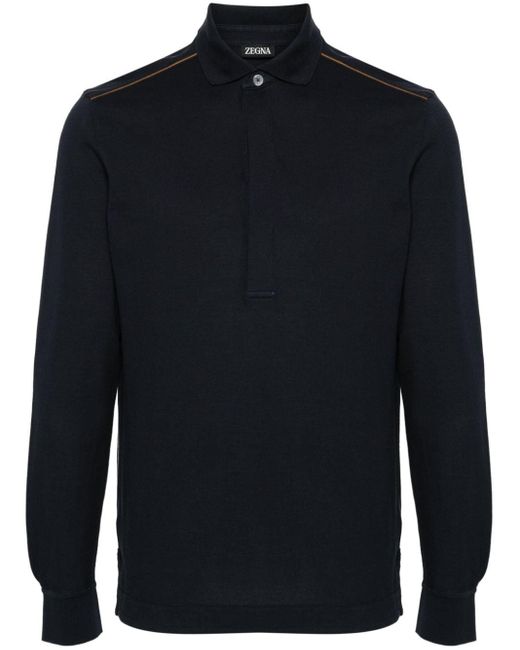 Zegna Blue Stripe-detail Cotton Polo Shirt for men