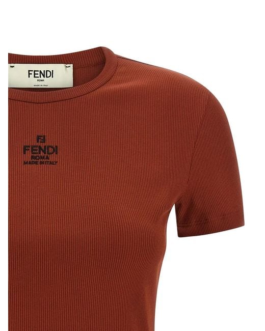 Fendi Red Ribbed Logo Embroidery Top