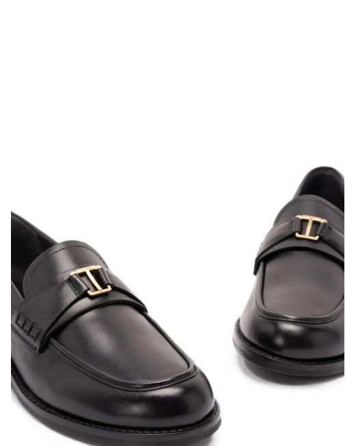 Twinset Black Leather Loafers With Logo