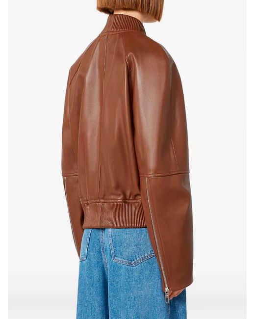 Sportmax Brown Ribbed-Trim Leather Jacket