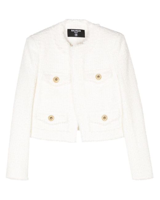 Balmain White Tweed Collarless Jacket