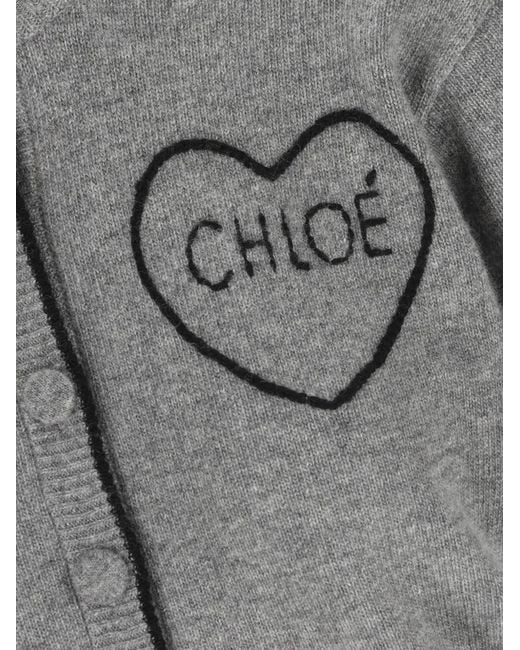 Chloé Gray Contrast-Trim Mock Neck Sweater With Fabric-Covered Buttons And Embroidered Logo, Size S