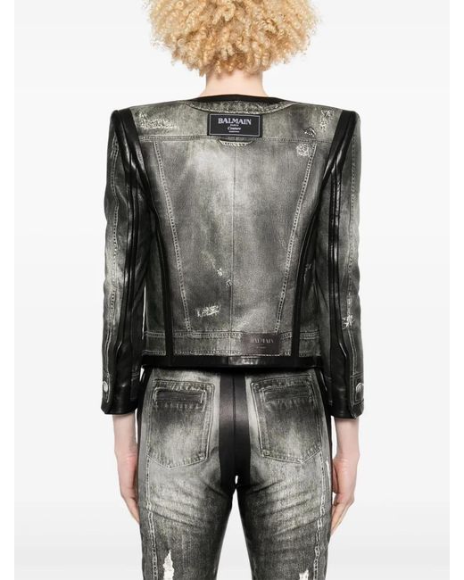 Balmain Black Denim-Print Leather Jacket