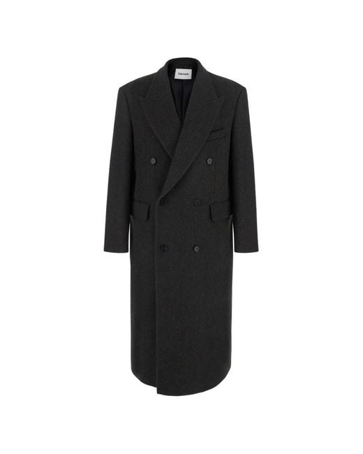 TONYWACK Black Double-Breasted Herringbone Coat for men