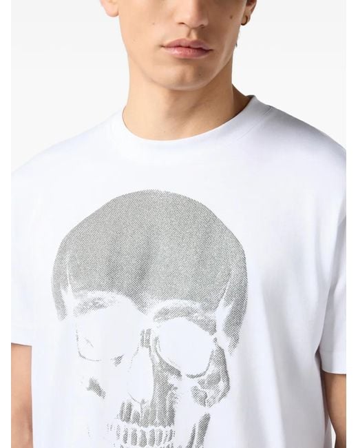 Philipp Plein White Round Neck T-Shirt Glitter Skull for men