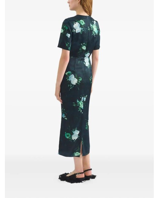 Erdem Blue Abstract Rose Print Short Sleeve Cocktail Dress