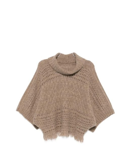 D.exterior Brown Fringe-Trim Open-Knit Sweater
