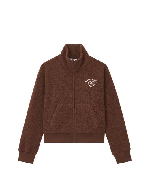 Chocoolate Brown Fleece-Texture Logo-Embroidered Jacket