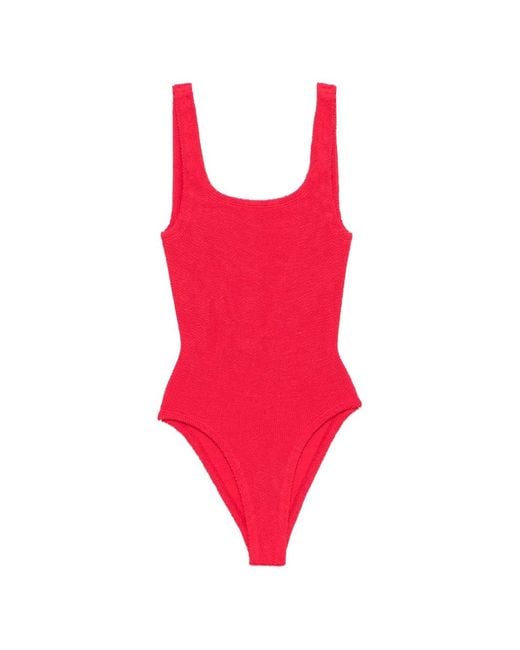 Hunza G Red Coverage Crinkle-Effect Square-Neck Swimsuit
